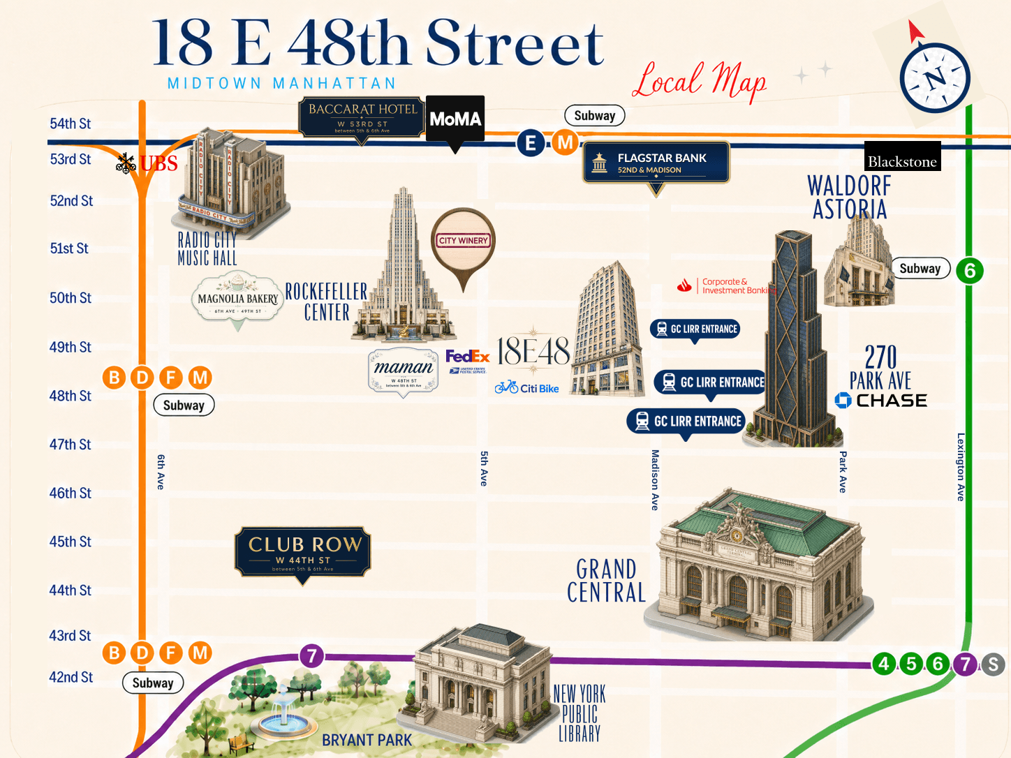 Local Midtown map for 18 East 48th Street showing transit, Grand Central access, finance firms, landmarks, and nearby services